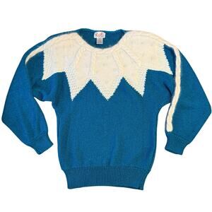 VTG Holiday Sweater Knit Concepts Angora Collar Pearl Metallic Blue Women Small